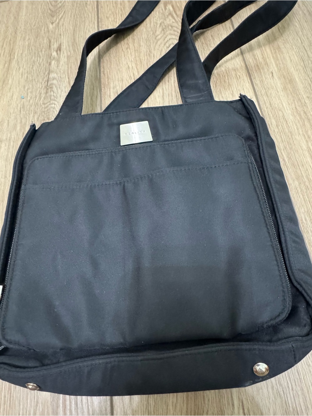 Perlina Black Nylon Messenger Bag with Silver Plaque
